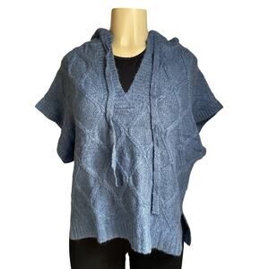 Y2K Blue Hooded Knit Poncho Cable Sweater Cozy Indie Boho Top NWT